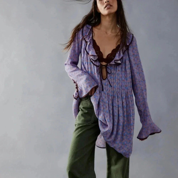 Free People Blossom Baby Mini Dress Floral Printed Ruffle Button Bell sleeve XS - Picture 2 of 9